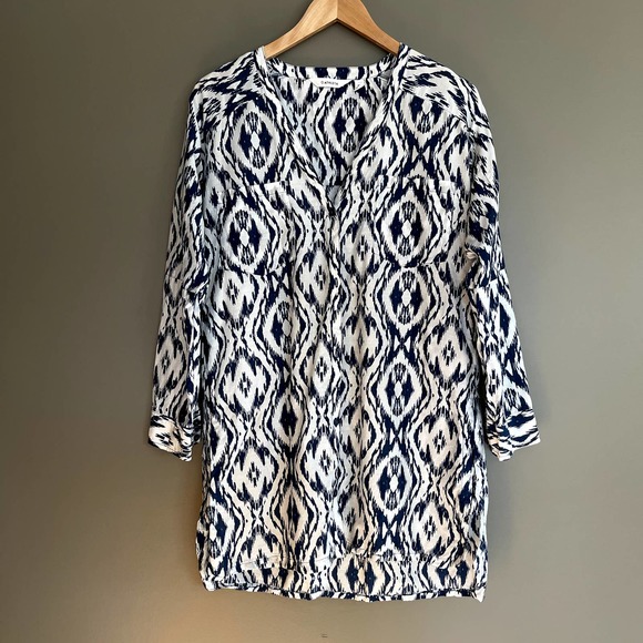 Athleta Printed Kaftan Shirt Dress Tunic Navy Blue White Ikat Medium Cover Up - Picture 2 of 16